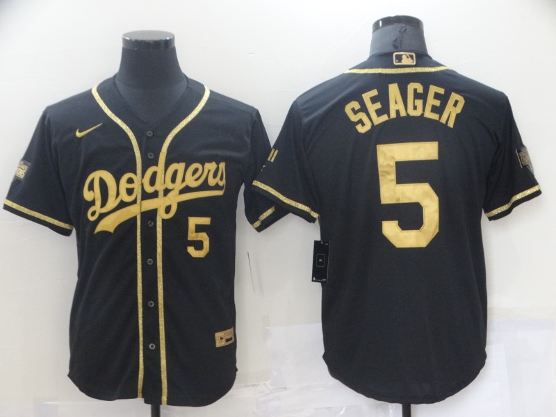 Men's Los Angeles Dodgers #5 Corey Seager Black Gold 2020 World Series Stitched Jersey